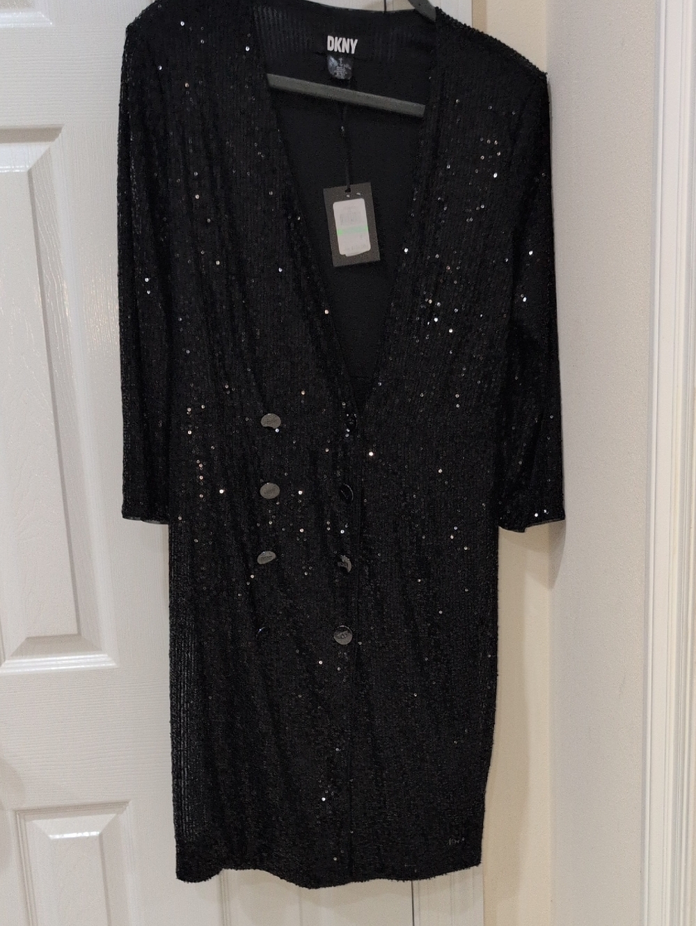 DKNY Black Sequin Double breasted Button-Front V-Neck Dress  NWT